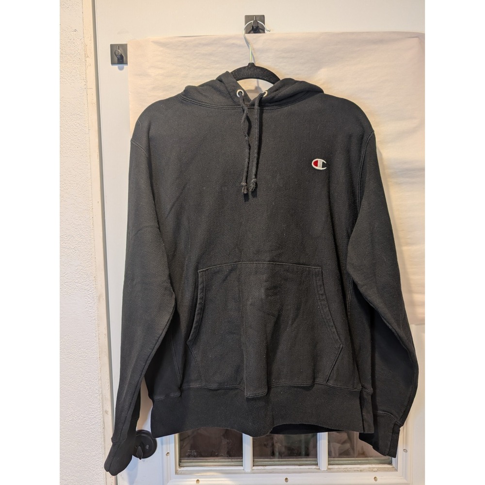 Champion‎ Reverse Weave Hoodie Pullover Sweatshirt Classic Logo Black Medium A1